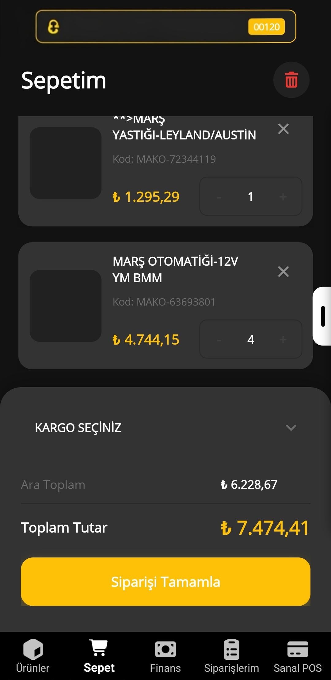 AFK B2B Mobil Uygulama - Sepet